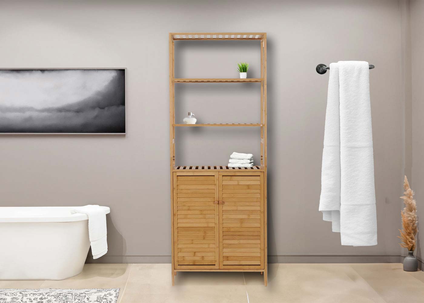 Cosmo Casa - Hoge Kast - Badkamerkast met Planken - Bamboe MDF - 168x64x33cm