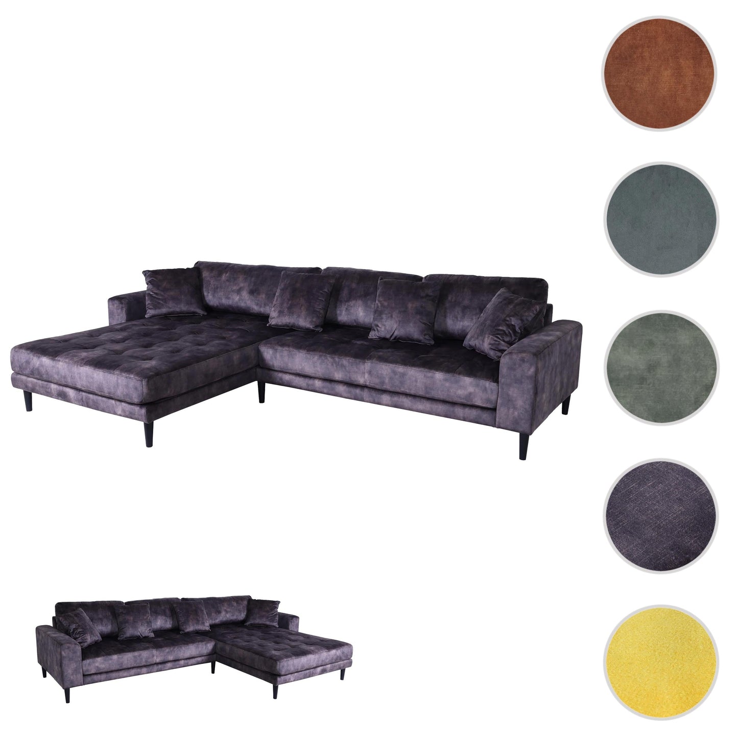 Cosmo Casa - Hoekbank - 3-zits - Fluweel - Donkergrijs - 295 cm