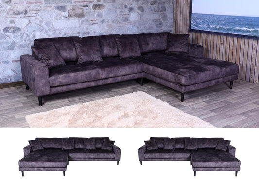 Cosmo Casa - Hoekbank - 3-zits - Fluweel - Donkergrijs - 295 cm