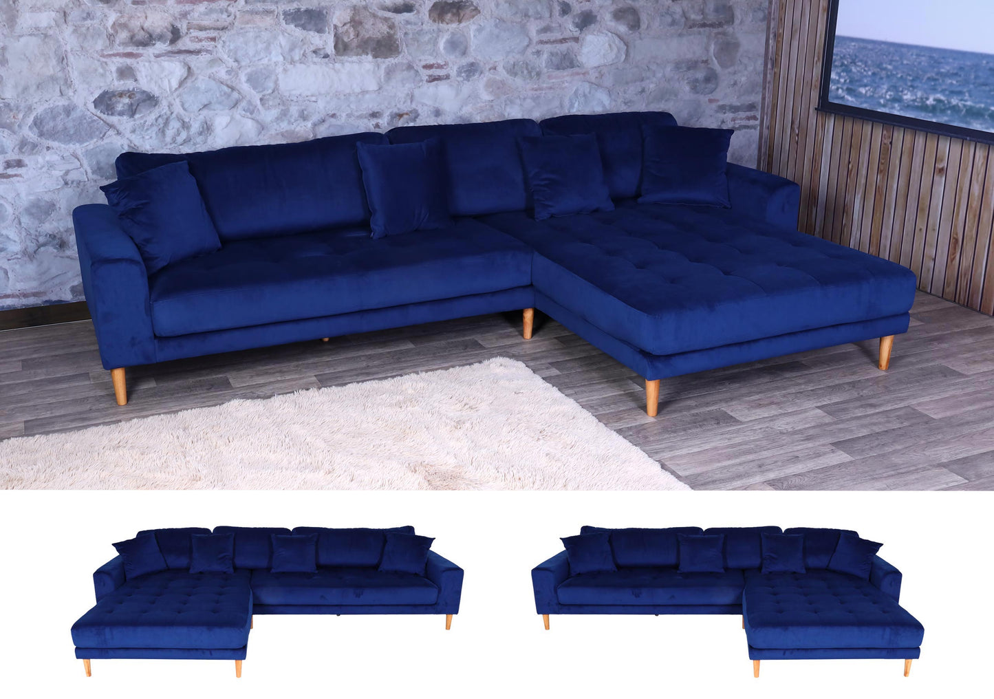 Cosmo Casa - Hoekbank - 3-zits - Fluweel - Blauw - 295 cm