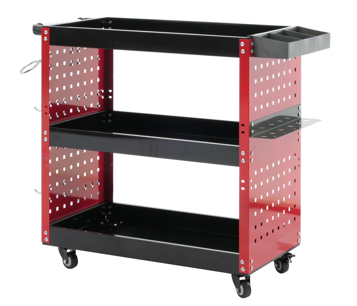 Cosmo Casa - Gereedschapswagen - Werkplaatswagen - Wielen - Handvat - 3 Laadvlakken - Geperforeerd Rooster - Staal - 73x90x35cm - Rood