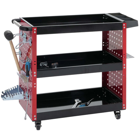 Cosmo Casa - Gereedschapswagen - Werkplaatswagen - Wielen - Handvat - 3 Laadvlakken - Geperforeerd Rooster - Staal - 73x90x35cm - Rood