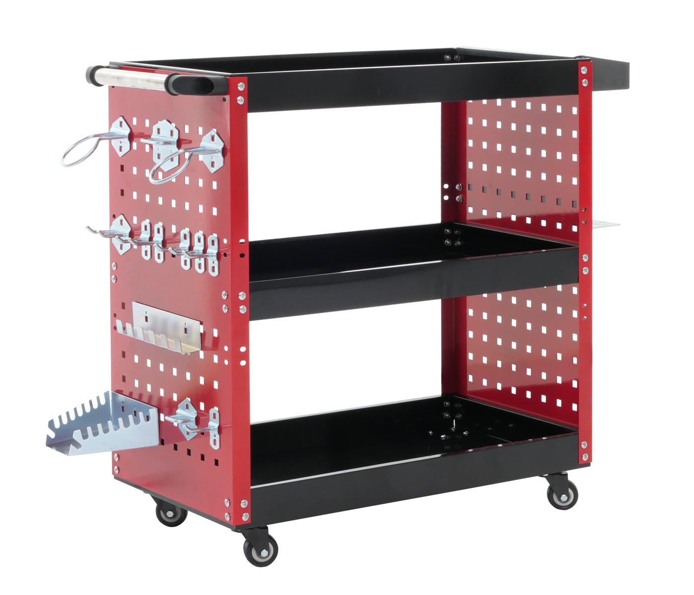 Cosmo Casa - Gereedschapswagen - Werkplaatswagen - Wielen - Handvat - 3 Laadvlakken - Geperforeerd Rooster - Staal - 73x90x35cm - Rood