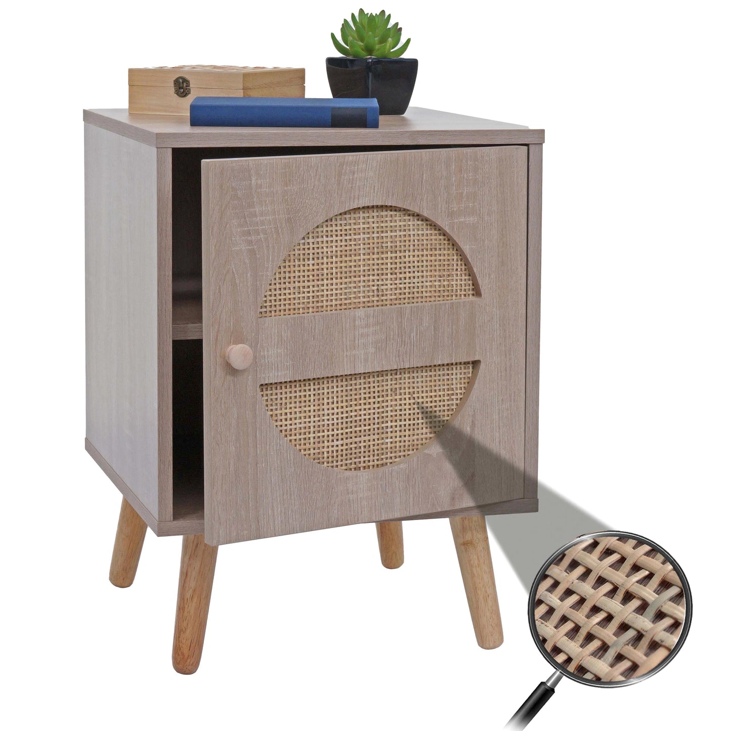 Cosmo Casa - Nachtkastje - Salontafel - Bijzettafel - Opbergvakken - Kubu Rotan Houtmelamine - Eikenlook - 56x40x40cm