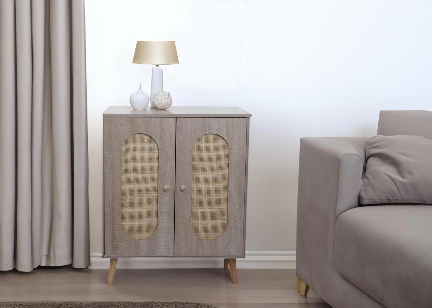 Cosmo Casa - Ladekast - Highboard met Opbergvakken - Kubu Rotan & Houtmelamine - Eikenlook