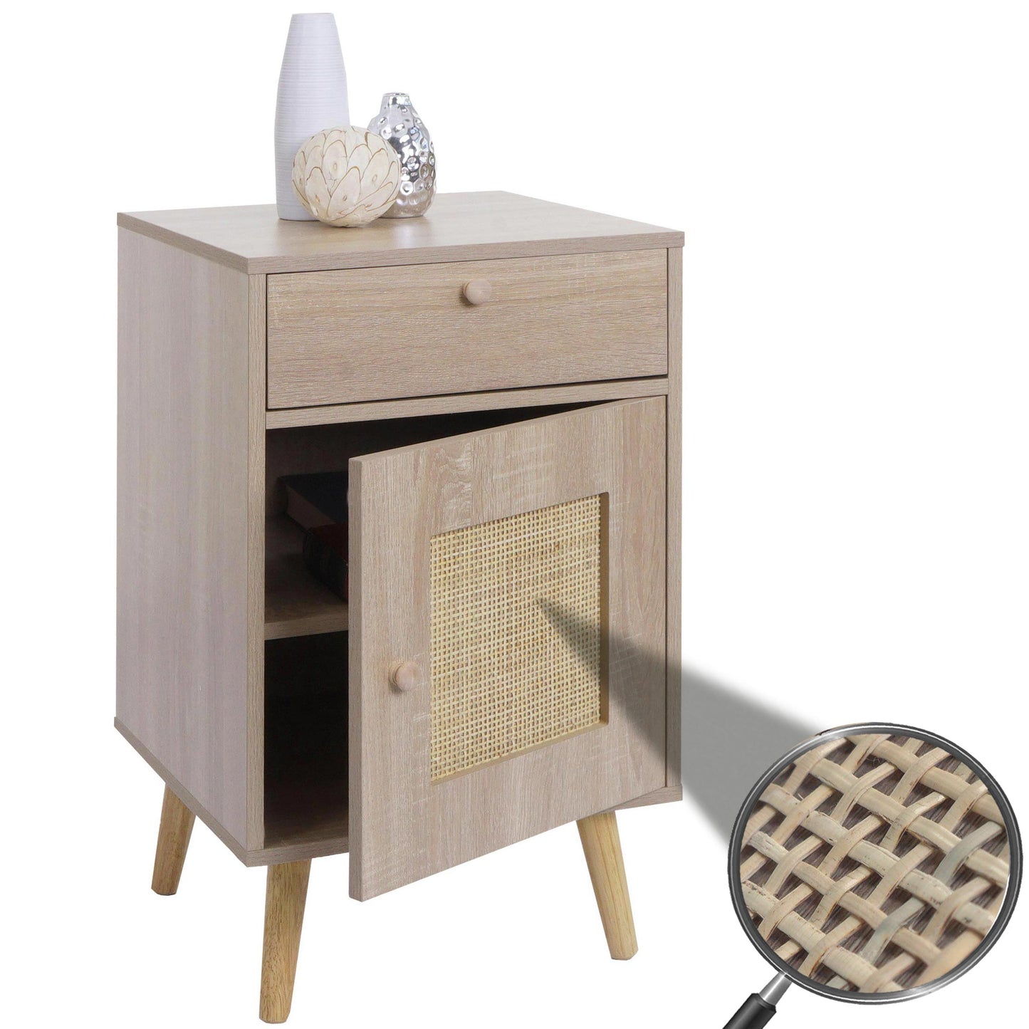 Cosmo Casa - Bijzettafel - Salontafel - Nachtkastje - Loungetafel - Opberglade - Kubu Rotan Houtmelamine - Eikenlook