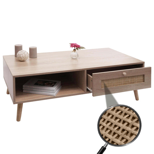 Cosmo Casa - Salontafel - Woonkamer Bijzettafel met Lade - Kubu Rotan Houtmelamine - Eikenlook