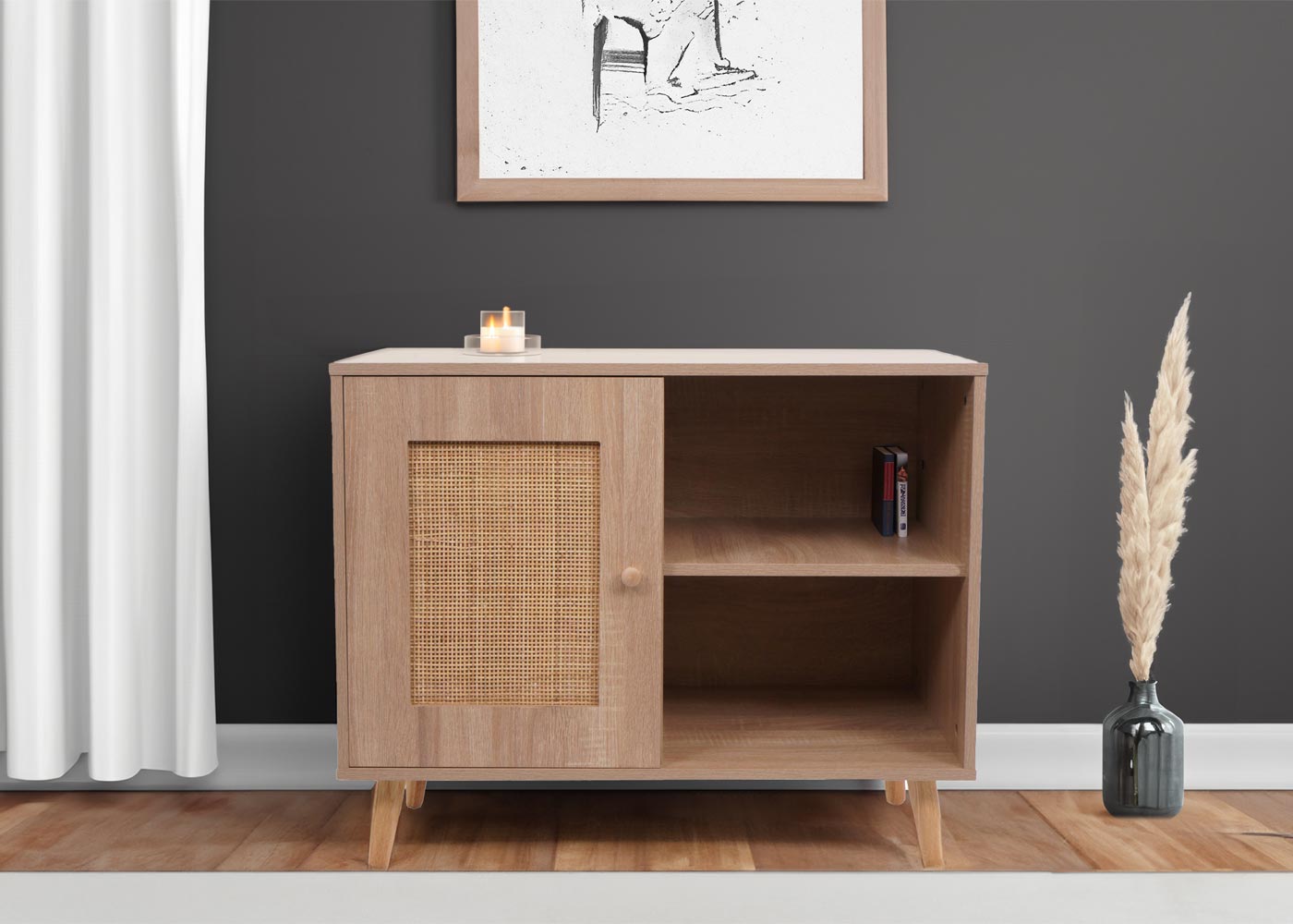 Cosmo Casa - Ladekast - Highboard met Opbergvak - Kubu Rotan Houtmelamine - Eikenlook