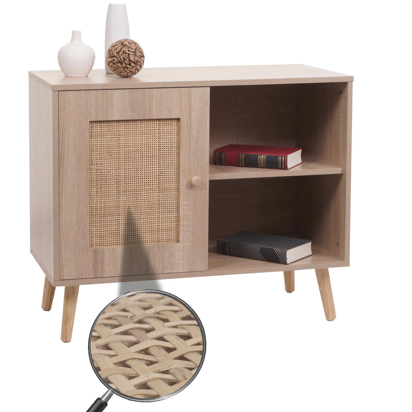 Cosmo Casa - Ladekast - Highboard met Opbergvak - Kubu Rotan Houtmelamine - Eikenlook