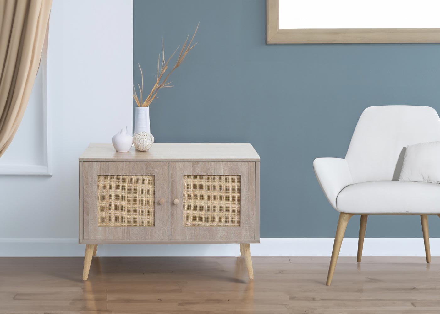 Cosmo Casa - Ladekast - Highboard met Opbergvakken - Kubu Rotan Houtmelamine - Eikenlook