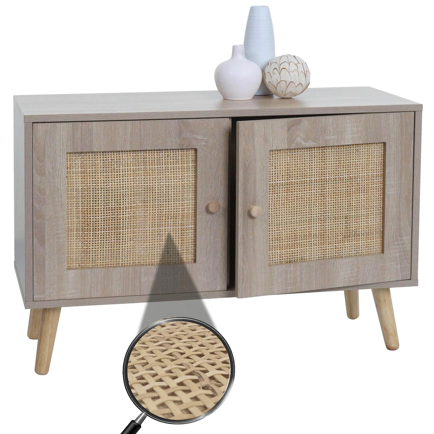 Cosmo Casa - Ladekast - Highboard met Opbergvakken - Kubu Rotan Houtmelamine - Eikenlook