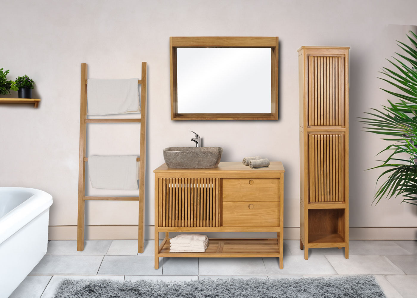 Cosmo Casa - Hoge Badkamerkast - 2 Deuren met 5 Vakken - Teak Kernhout - Natuurlijk