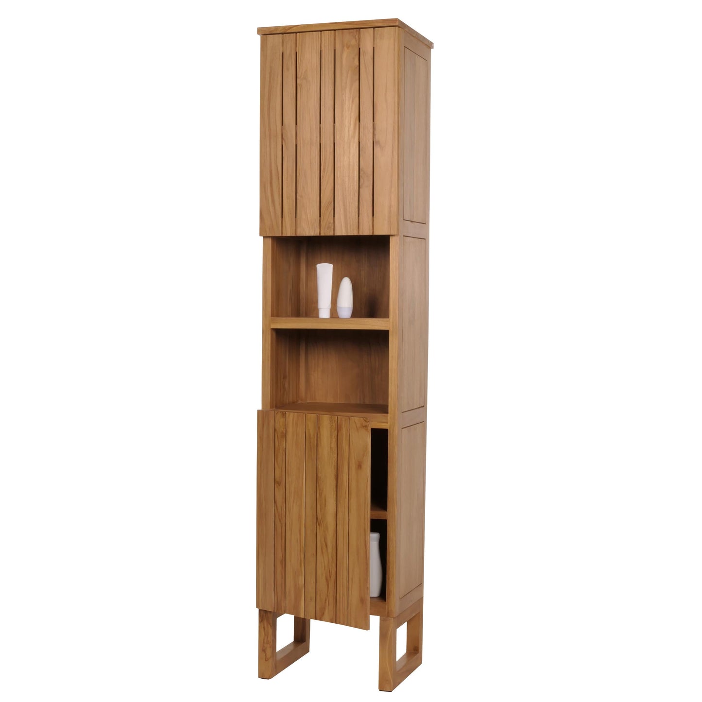 Cosmo Casa - Teak Hoge Kast - Badkamerkast - 2 Deuren - 6 Vakken - Hoogwaardig B-Kwaliteit Teak Kernhout - 20-30 Jaar - 181x40x35cm
