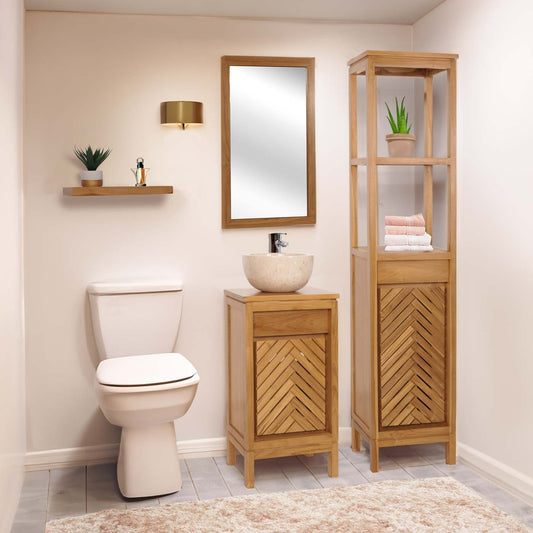 Cosmo Casa - Hoge Badkamerkast - 1 Deur, 4 Vakken - Teak Kernhout - Natuurlijk