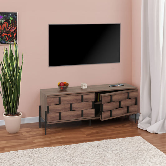 Cosmo Casa - Tv-rek - Tv-tafel - Lowboard - Tv-kast - Opbergvakken - 3D Gevlochten Design - Push-to-Open Deuren - 120cm - Bruin