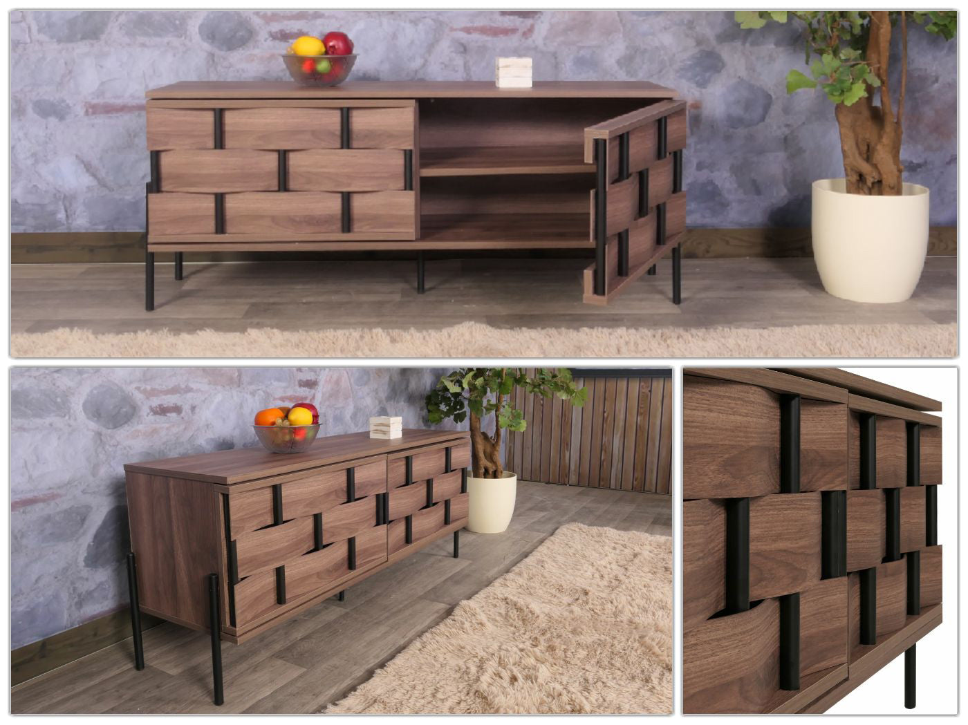 Cosmo Casa - Tv-rek - Tv-tafel - Lowboard - Tv-kast - Opbergvakken - 3D Gevlochten Design - Push-to-Open Deuren - 120cm - Bruin