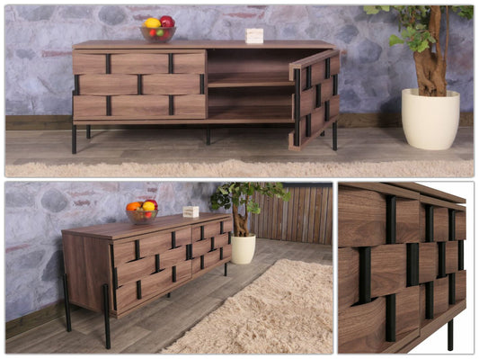 Cosmo Casa - Tv-rek - Tv-tafel - Lowboard - Tv-kast - Opbergvakken - 3D Gevlochten Design - Push-to-Open Deuren - 120cm - Bruin