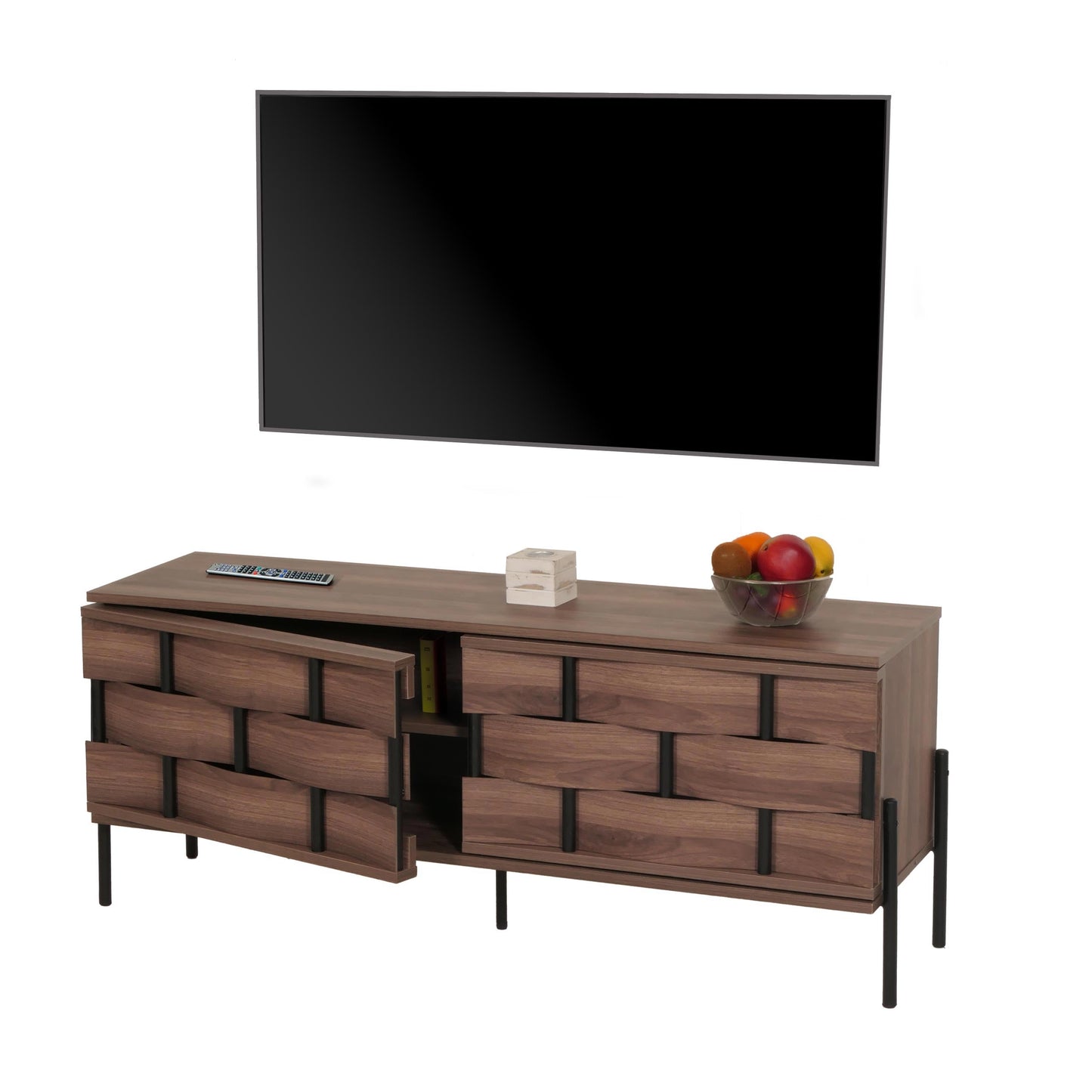 Cosmo Casa - Tv-rek - Tv-tafel - Lowboard - Tv-kast - Opbergvakken - 3D Gevlochten Design - Push-to-Open Deuren - 120cm - Bruin
