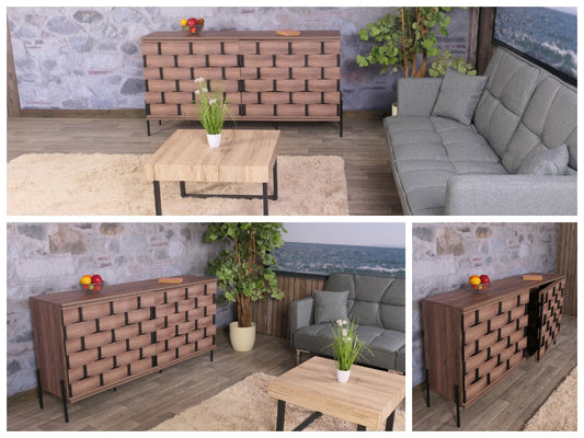 Cosmo Casa - Dressoir - Opbergkast - 3D Geweven Design - Push-to-Open Deuren - 152x80x40cm - Bruin