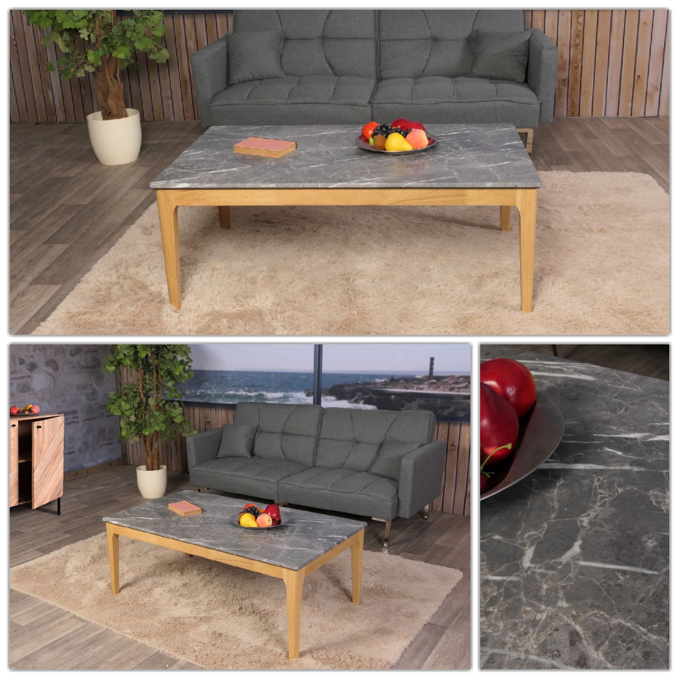 Cosmo Casa - Salontafel - Bijzettafel - Massief Hout HDF Laminaat - Melamine - 46x120x70cm - Marmersteenlook - Lichte Poten