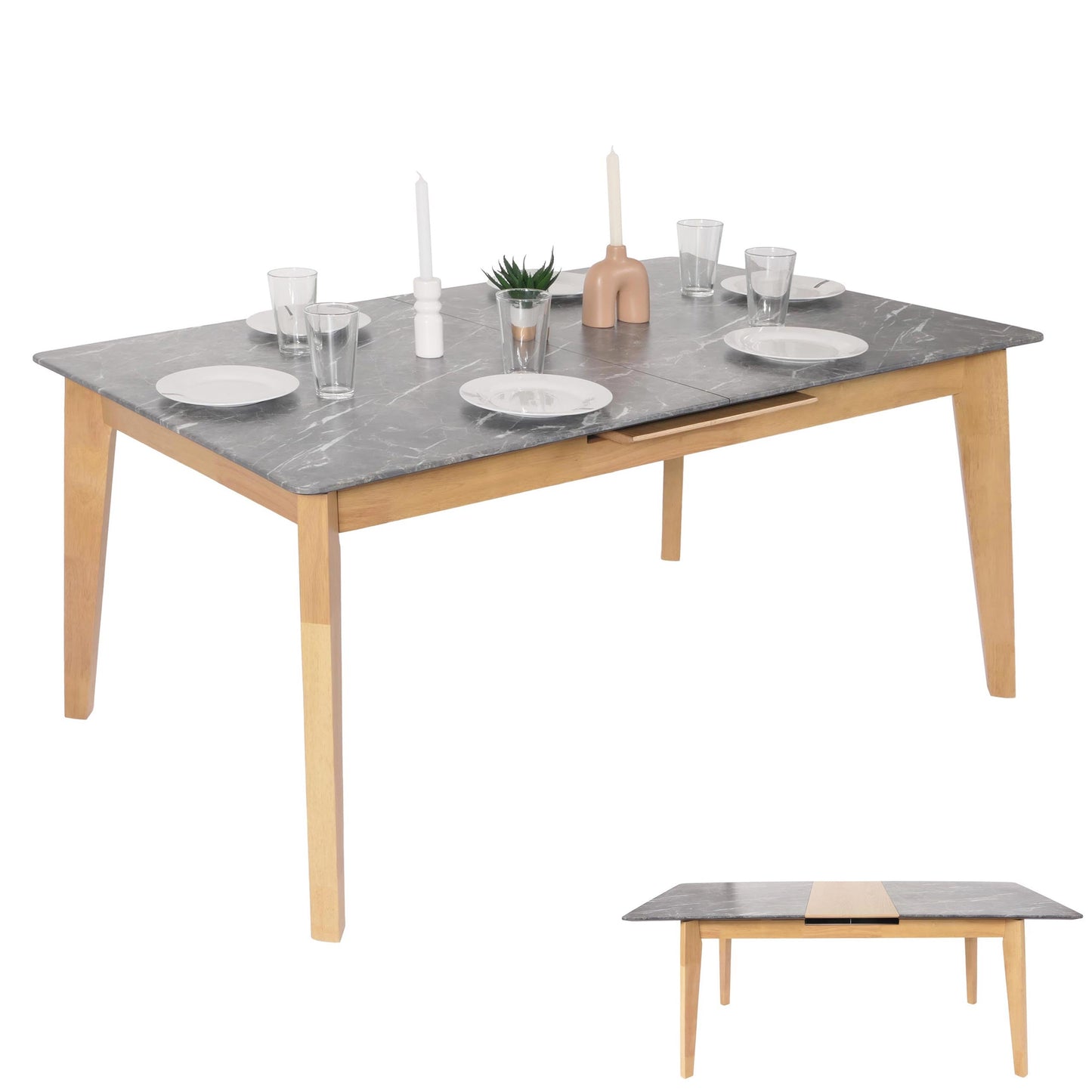 Cosmo Casa - Eettafel - Massief Hout - Laminaat - Melamine - 160-200 x 90 cm - Uitschuifbaar - Marmersteenlook - Lichte Poten