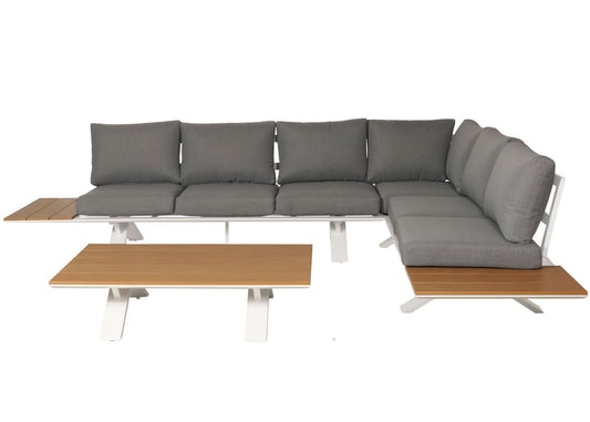 Cosmo Casa - Aluminium Tuinset - Zitbank - Houtlook - Wit Frame - Lichtgrijze Bekleding