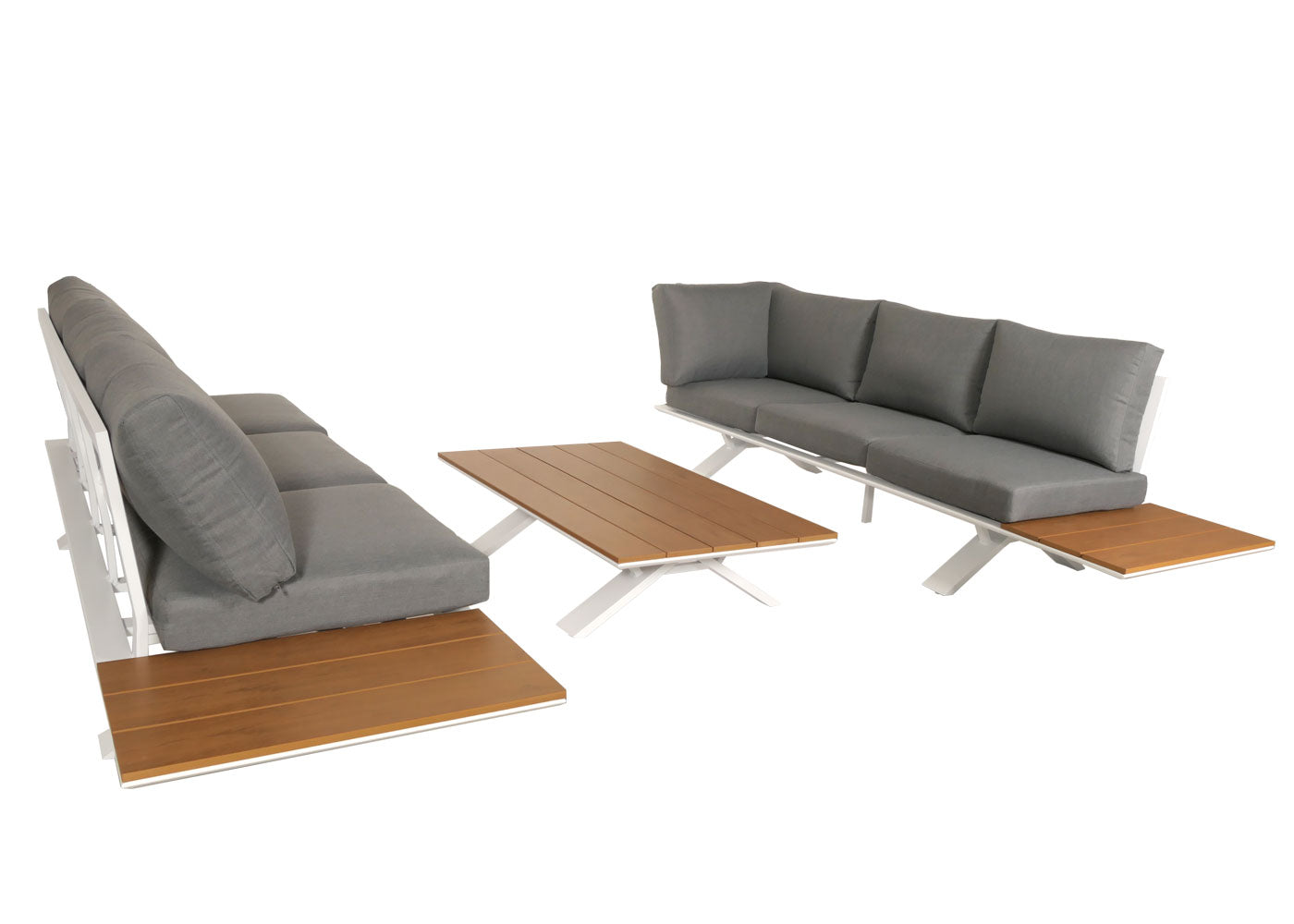 Cosmo Casa - Aluminium Tuinset - Zitbank - Houtlook - Wit Frame - Lichtgrijze Bekleding