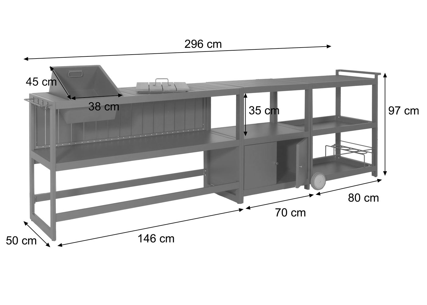Cosmo Casa - Buitenkitchen - 3-delige Set - Aluminium - Antraciet - Donkere Houtlook