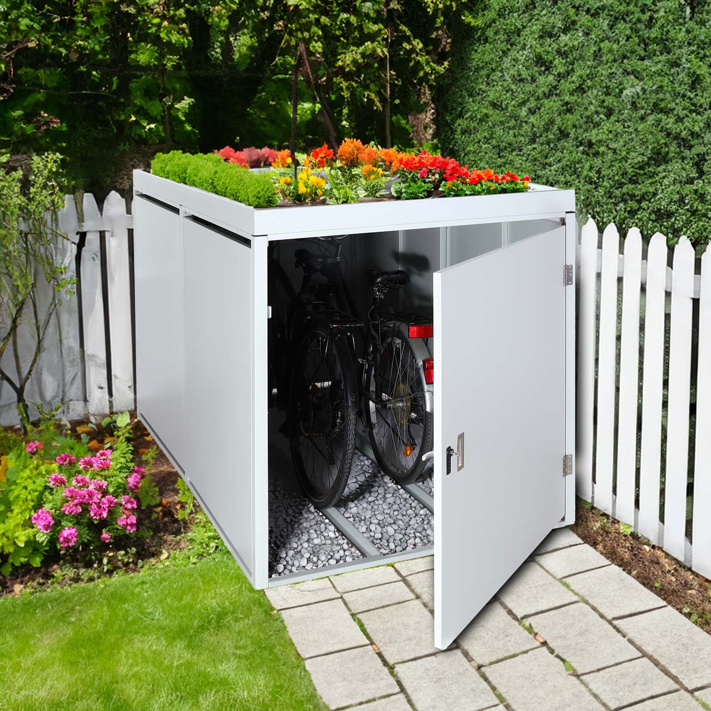 Cosmo Casa - Fietsenstalling voor 2 Fietsen - Afsluitbaar met Plantenbak - Gegalvaniseerd Staal - Lichtgrijs