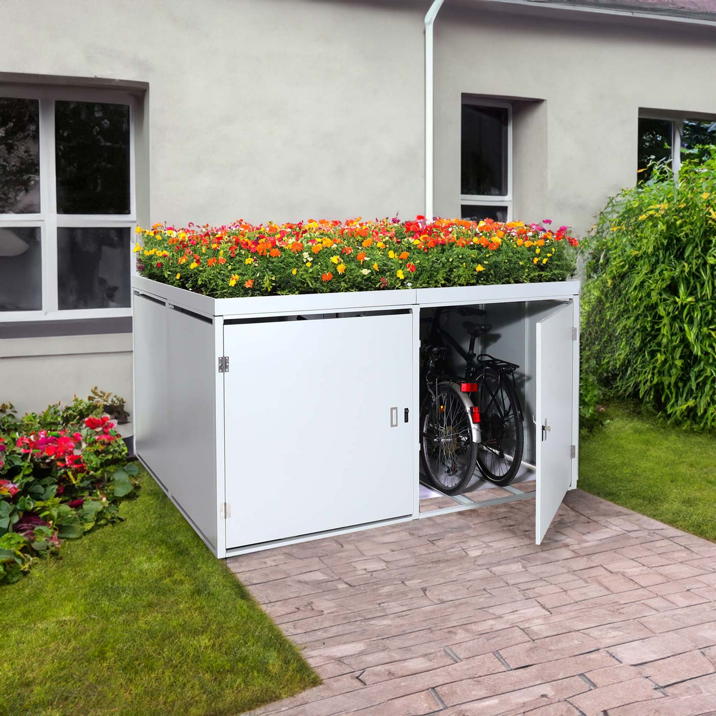 Cosmo Casa - Fietsenstalling voor 4 Fietsen - Afsluitbaar met Plantenbak - Gegalvaniseerd Staal - Lichtgrijs