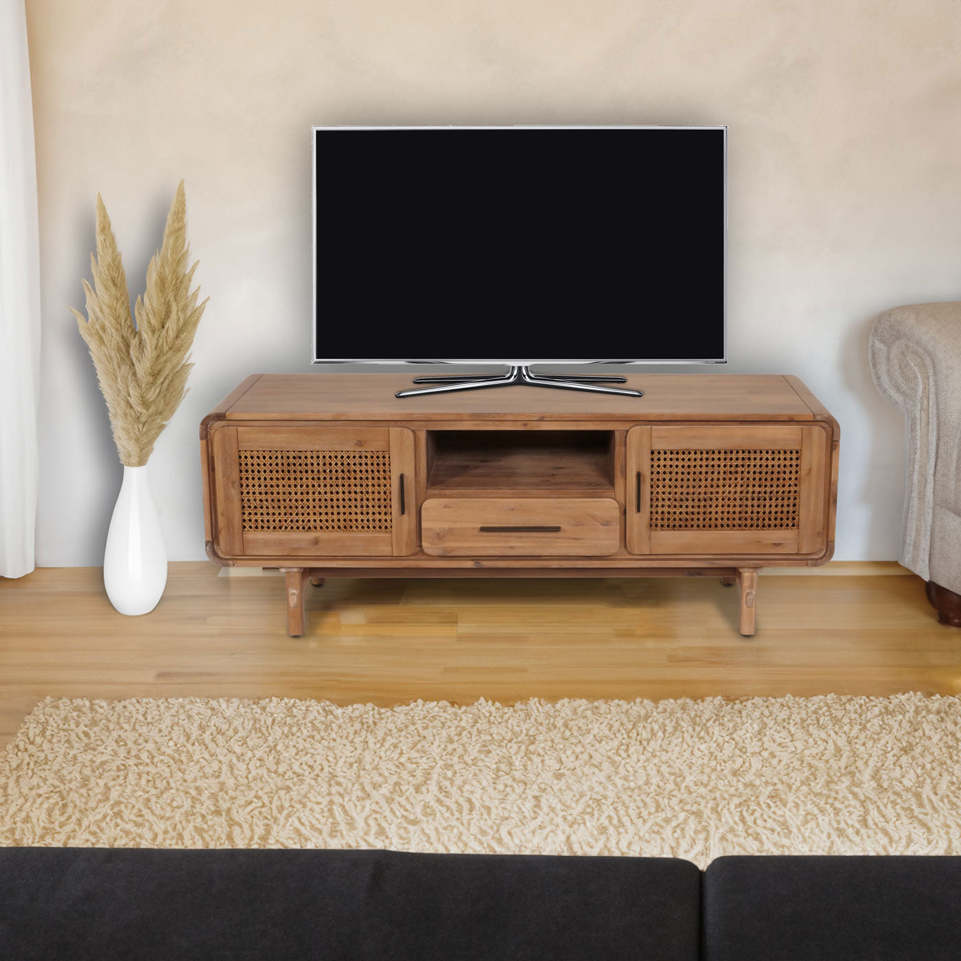 Cosmo Casa - Tv-rek - Tv-tafel - Lowboard - Ladekast - Opberglade - Rattan - Massief Acaciahout - Gebeitst - 160cm - 32kg