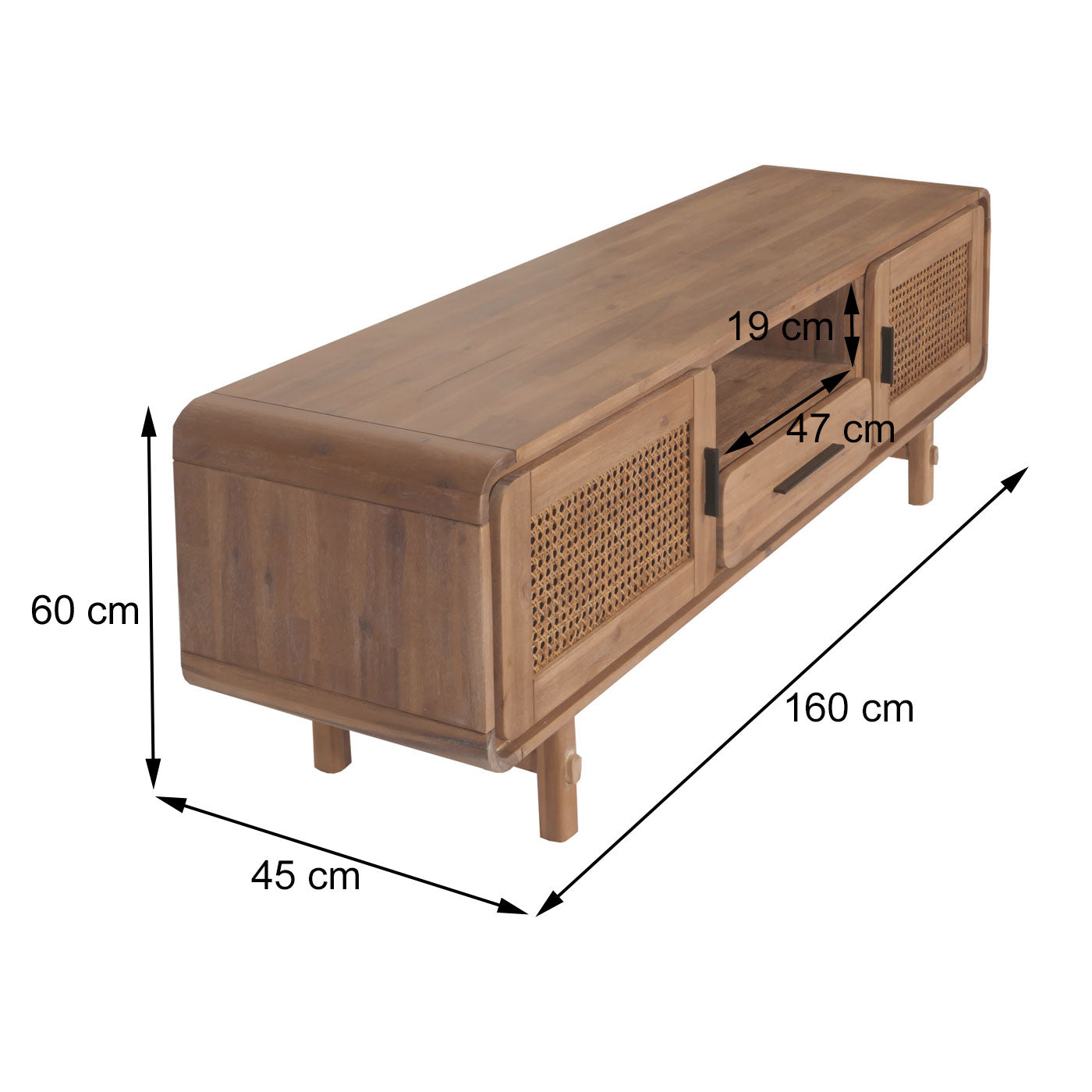 Cosmo Casa - Tv-rek - Tv-tafel - Lowboard - Ladekast - Opberglade - Rattan - Massief Acaciahout - Gebeitst - 160cm - 32kg