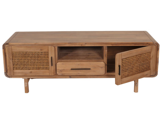 Cosmo Casa - Tv-rek - Tv-tafel - Lowboard - Ladekast - Opberglade - Rattan - Massief Acaciahout - Gebeitst - 160cm - 32kg