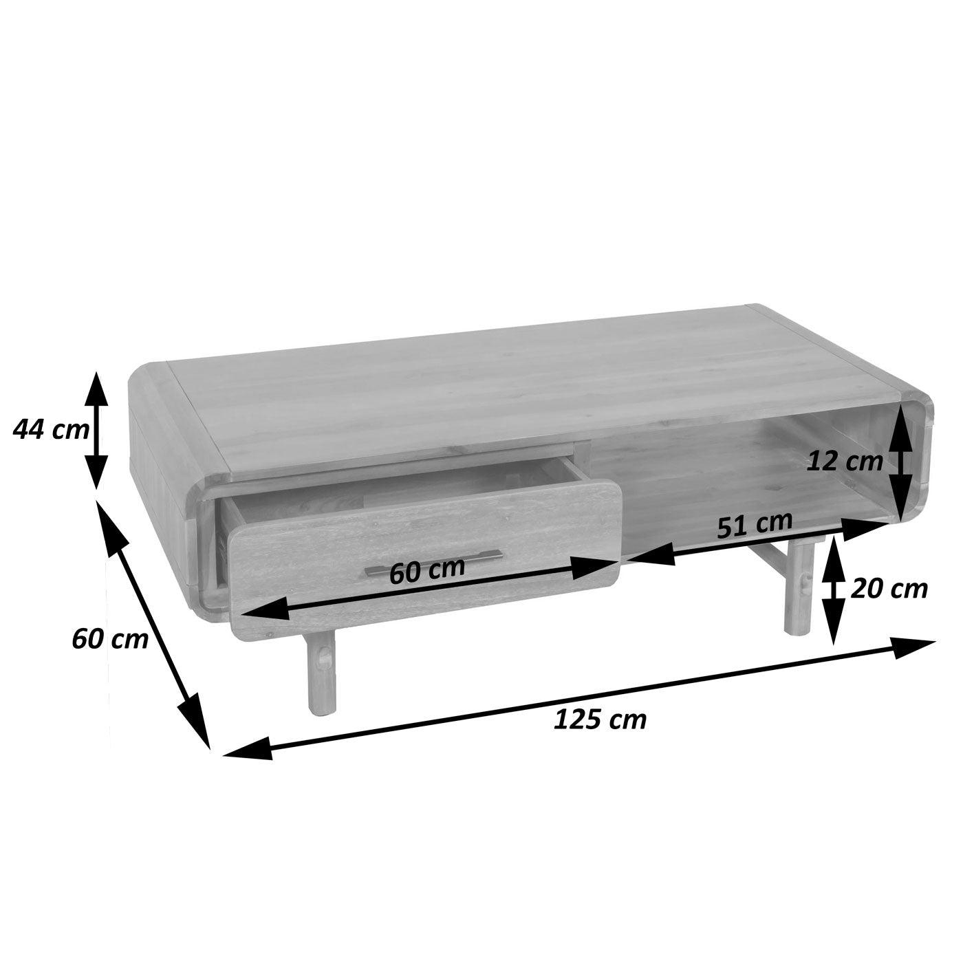 Cosmo Casa - Salontafel - Woonkamertafel - Bijzettafel - Lade - Massief Acaciahout - Gebeitst - 44x125x60cm - 25kg