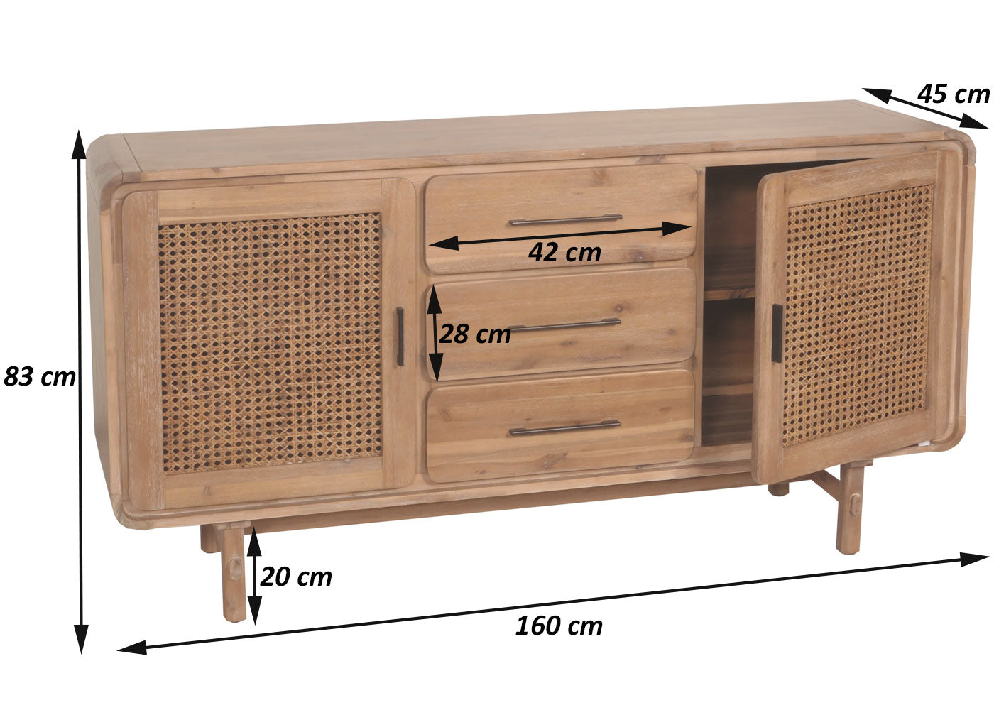 Cosmo Casa - Dressoir - Opbergkast - Ladekast - Highboard - Opberglade - Rattan - Massief Acaciahout - Gebeitst - 83x160x45cm - 47kg