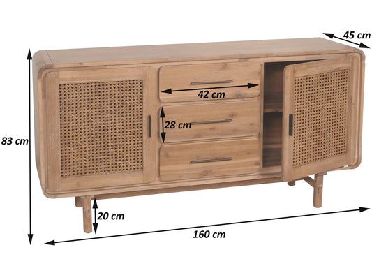 Cosmo Casa - Dressoir - Opbergkast - Ladekast - Highboard - Opberglade - Rattan - Massief Acaciahout - Gebeitst - 83x160x45cm - 47kg