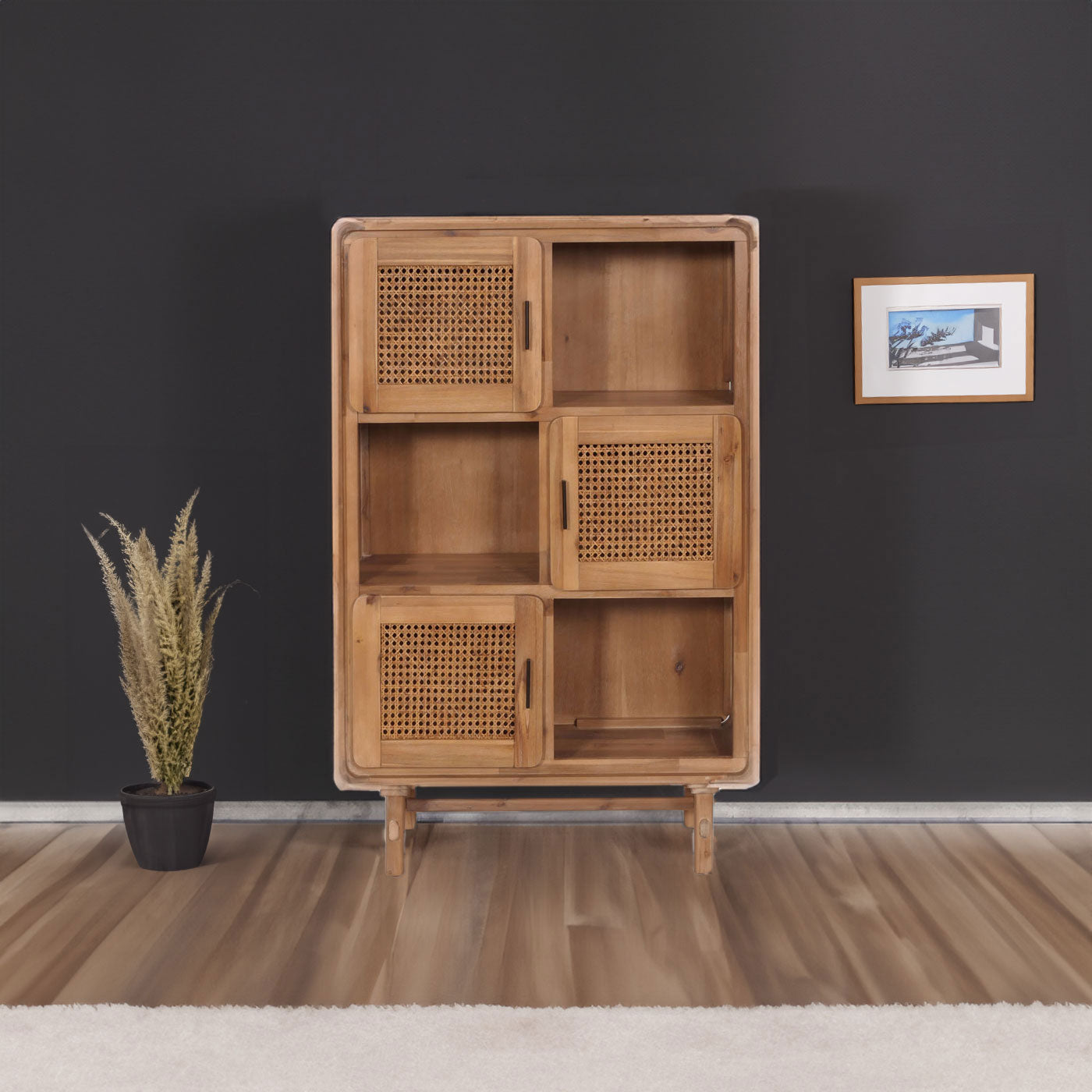 Cosmo Casa - Highboard - Dressoir - Opbergvakken - Riet - Gebeitst Acaciahout - 141x90x35cm - 32kg