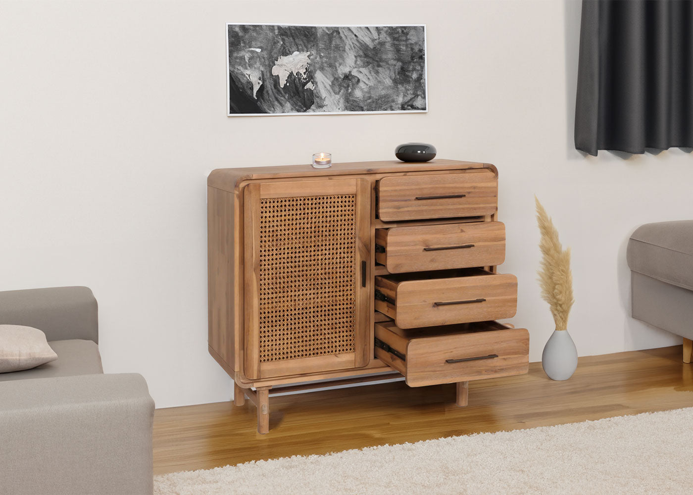 Cosmo Casa - Ladekast - Opbergkast - Highboard - Opberglade - Rattan - Massief Acaciahout - Gebeitst - 101x109x45cm - 44kg