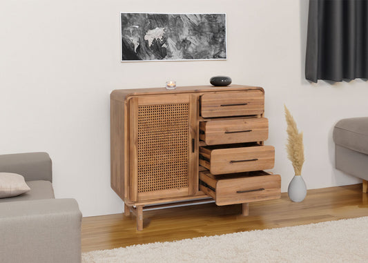 Cosmo Casa - Ladekast - Opbergkast - Highboard - Opberglade - Rattan - Massief Acaciahout - Gebeitst - 101x109x45cm - 44kg