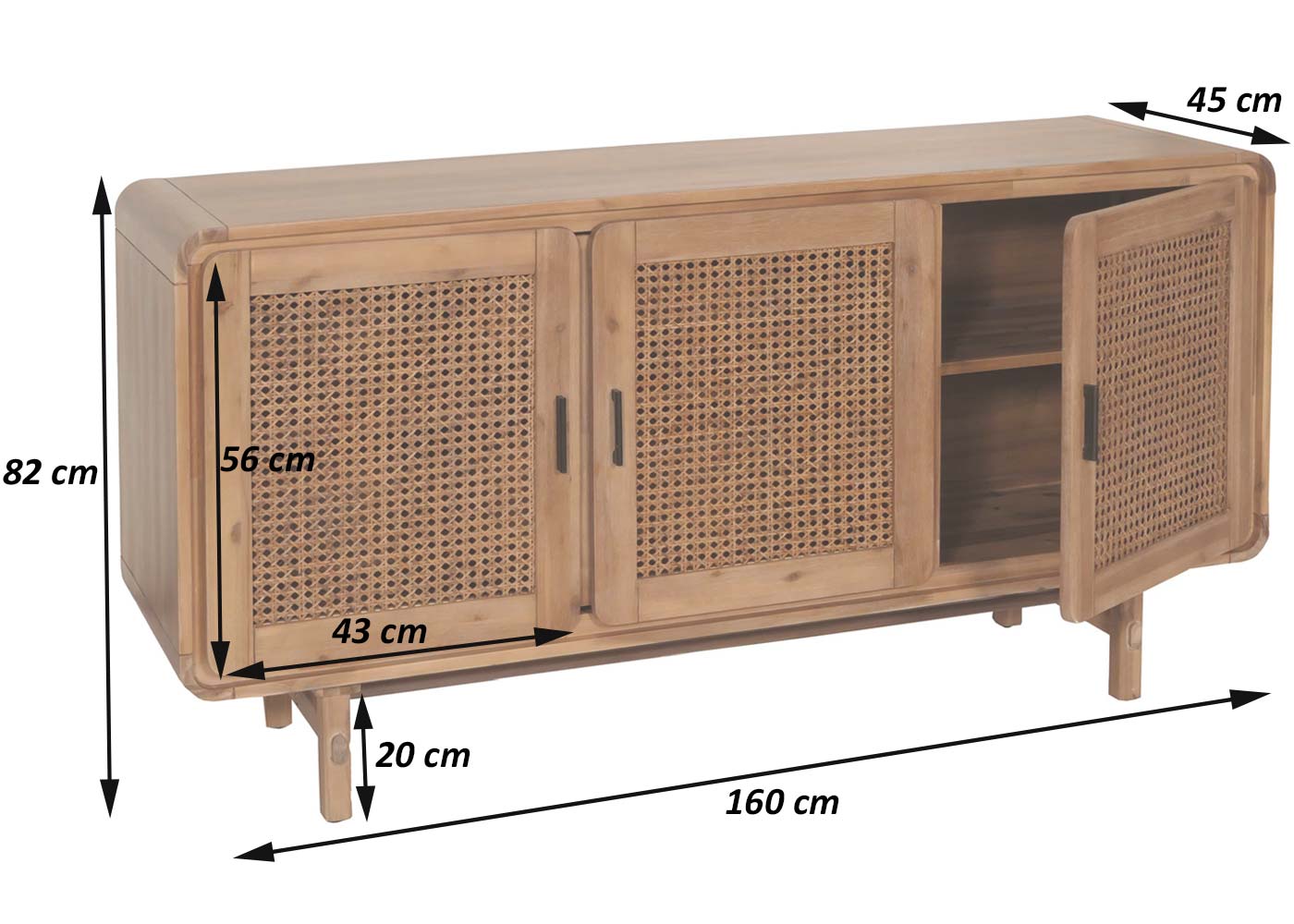Cosmo Casa - Dressoir - Opbergkast - Ladekast - Highboard - Opbergvakken - Rattan - Massief Acaciahout - Gebeitst - 82x160x45cm - 38kg