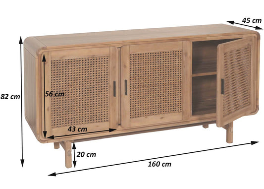 Cosmo Casa - Dressoir - Opbergkast - Ladekast - Highboard - Opbergvakken - Rattan - Massief Acaciahout - Gebeitst - 82x160x45cm - 38kg