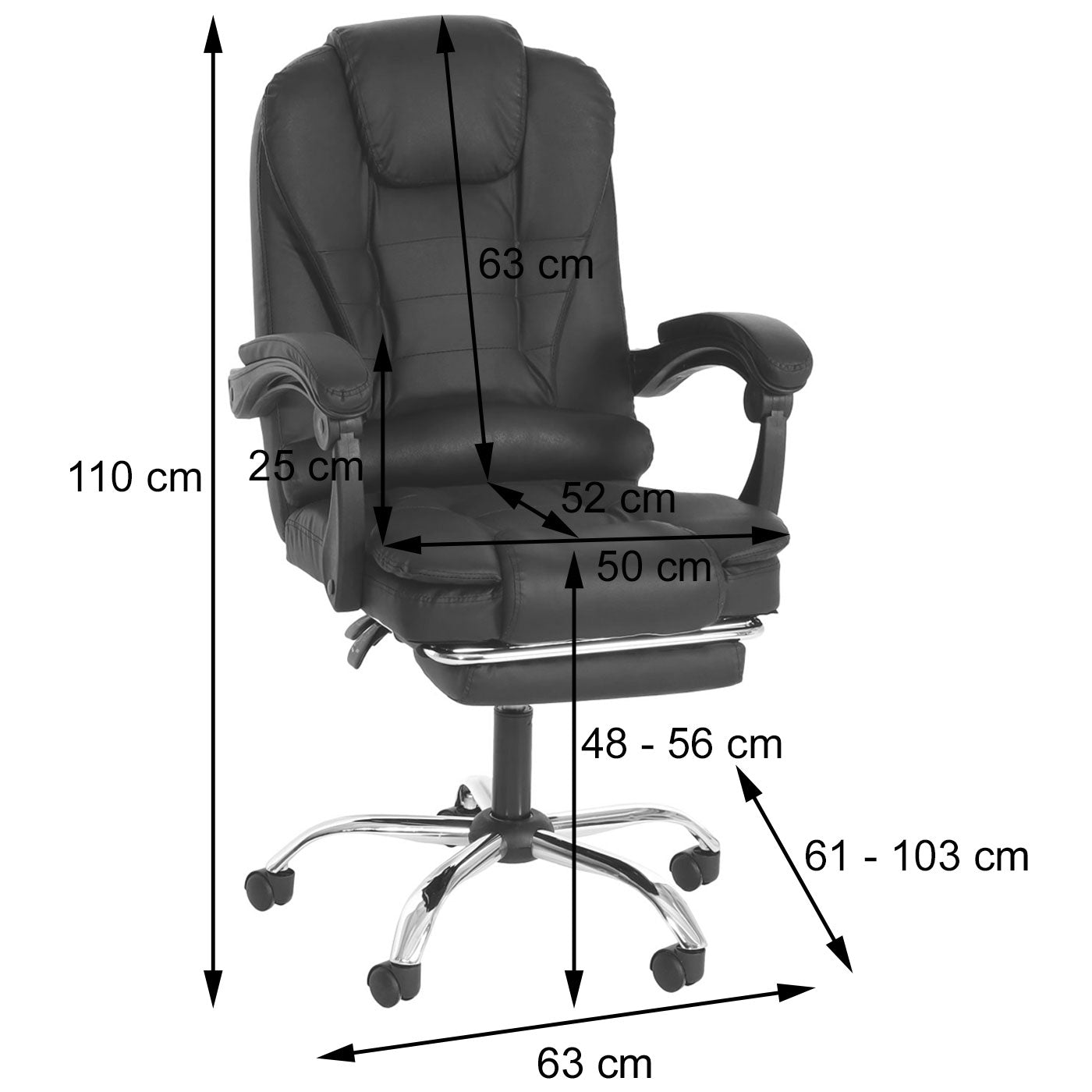 Cosmo Casa - Bureaustoel - Draaibare Directiestoel met Uitschuifbare Voetsteun - Kunstleer - Zilveren Onderstel - Zwart