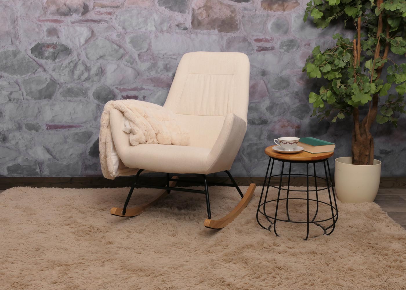 Cosmo Casa - Schommelstoel - Relax TV-Stoel - Massief Hout, Metaal & Stoftextiel 320gsm - Crème