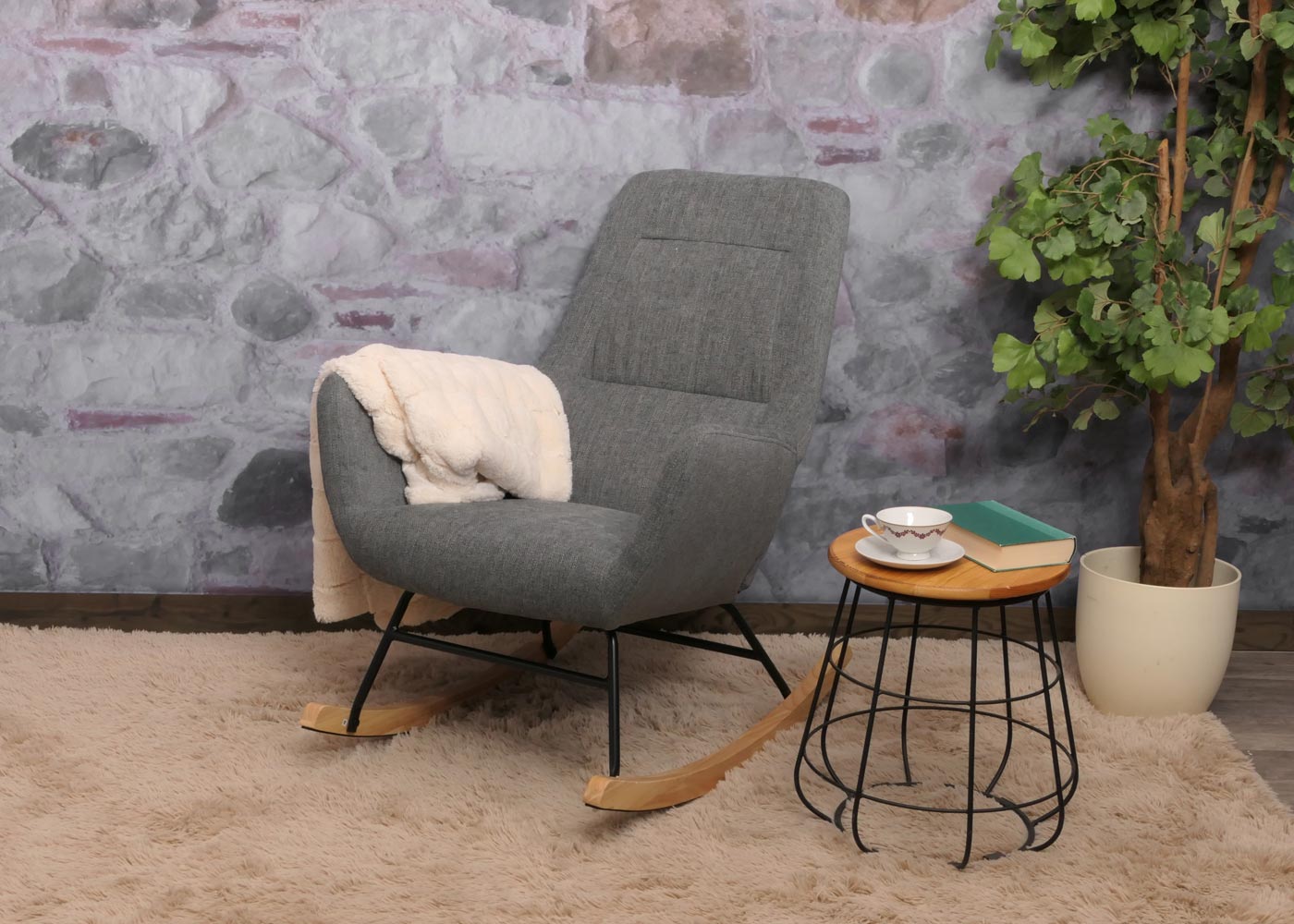 Cosmo Casa - Schommelstoel - Relax TV-Stoel - Massief Hout, Metaal & Stoftextiel 320gsm - Bruin