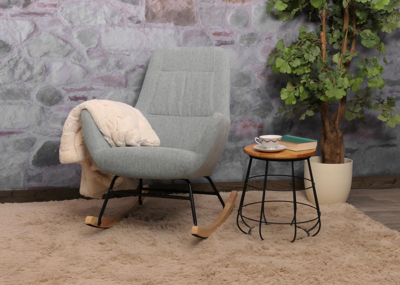 Cosmo Casa - Schommelstoel - Relax TV-Stoel - Massief Hout, Metaal & Stoftextiel 320gsm - Grijsgroen