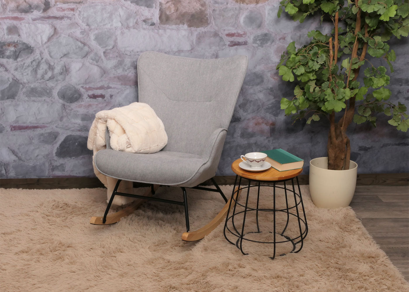 Cosmo Casa - Schommelstoel - Relax TV-Stoel - Massief Hout, Metaal & Stoftextiel 320gsm - Lichtgrijs