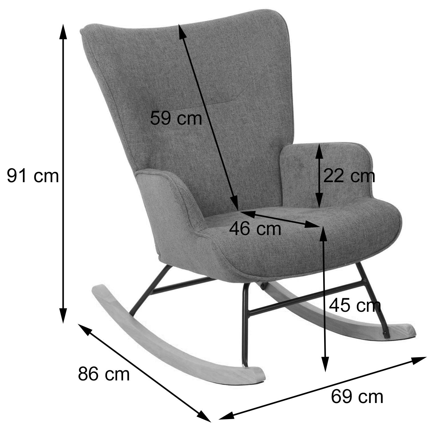 Cosmo Casa - Schommelstoel - Relax TV-Stoel - Massief Hout, Metaal & Stoftextiel 320gsm - Donkergrijs