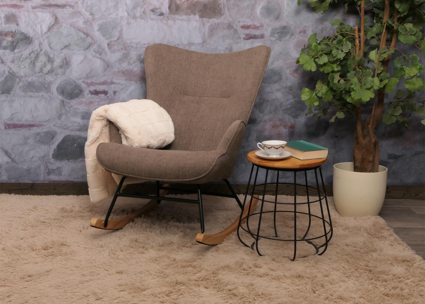 Cosmo Casa - Schommelstoel - Relax TV-Stoel - Massief Hout, Metaal & Stoftextiel 320gsm - Bruin