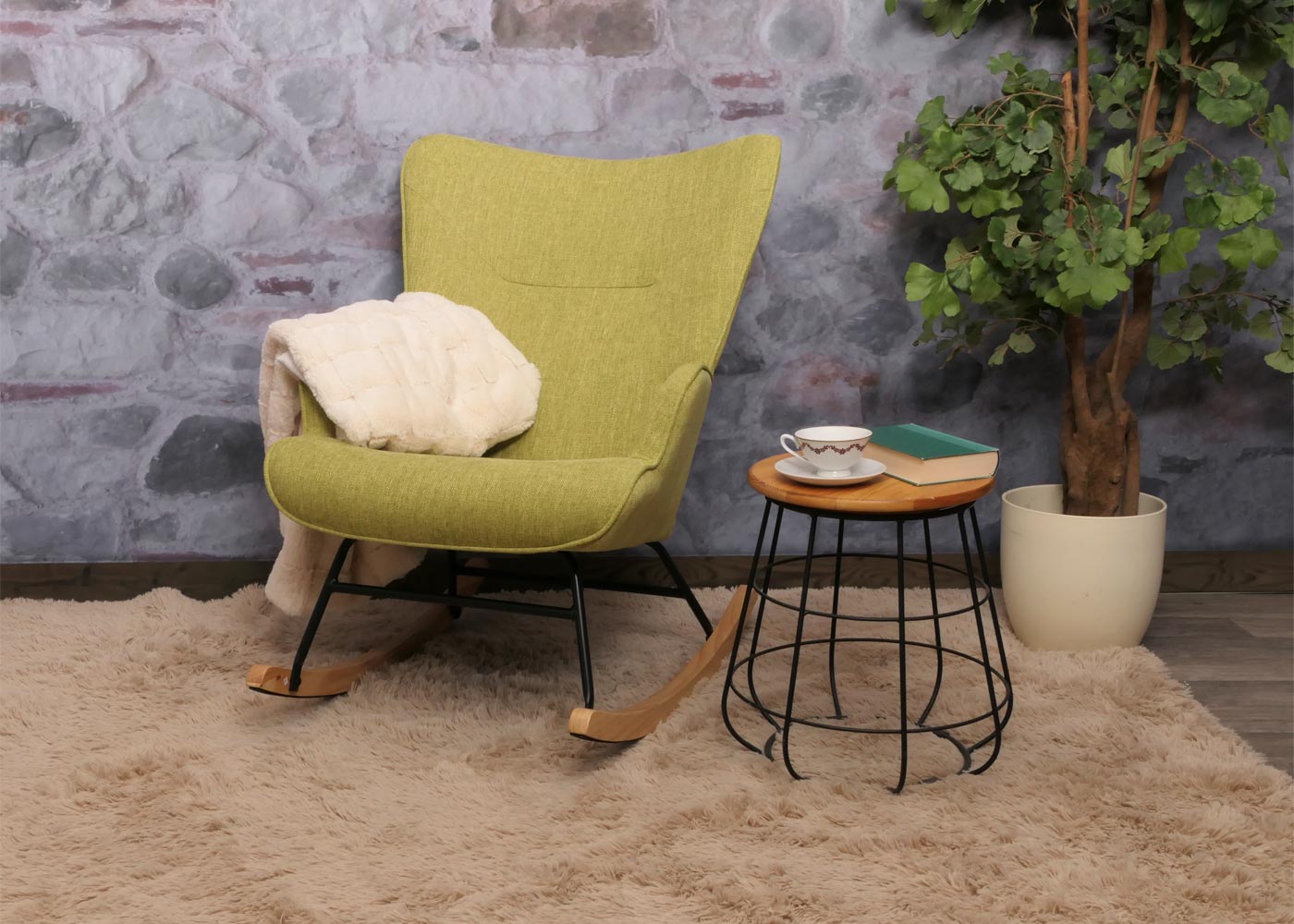 Cosmo Casa - Schommelstoel - Relax TV-Stoel - Massief Hout, Metaal & Stoftextiel 320gsm - Groen