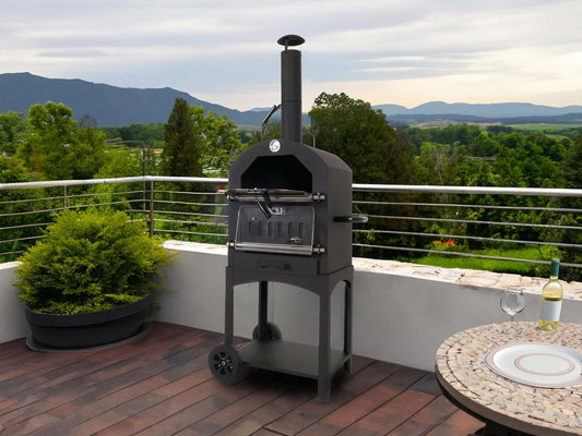 Cosmo Casa - Houtskoolgrill - Pizzaoven en Open Haard - Grillrooster en Pizzasteen - Zwart Staal - Hittebestendige Coating